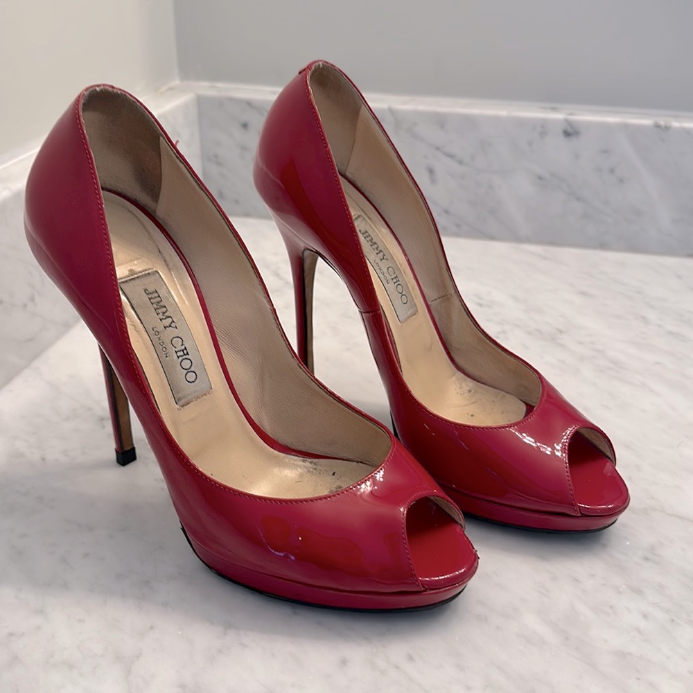 Jimmy Choo red patent leather heel peep toe